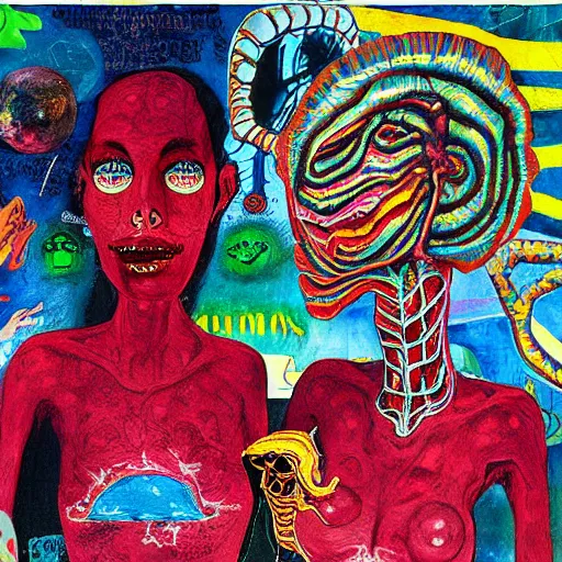 Image similar to beautiful painting of two bizarre psychedelic women kissing each other closeup on an alien planet, speculative evolution, mixed media collage by basquiat and junji ito, magazine collage art, paper collage art, sapphic art, lesbian art