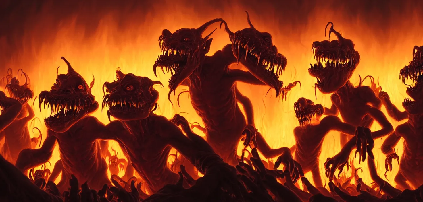 Prompt: oil matte painting, closeup portrait of ugly creepy goblins dancing around a bonfire in hell at ba rave cheering dancing beautiful cinematic light deep focus, elegant, digital painting, smooth, sharp focus, golden ratio, dramatic illumination, ultra realistic, 8 k, art by greg rutkowski wlop rossdraws