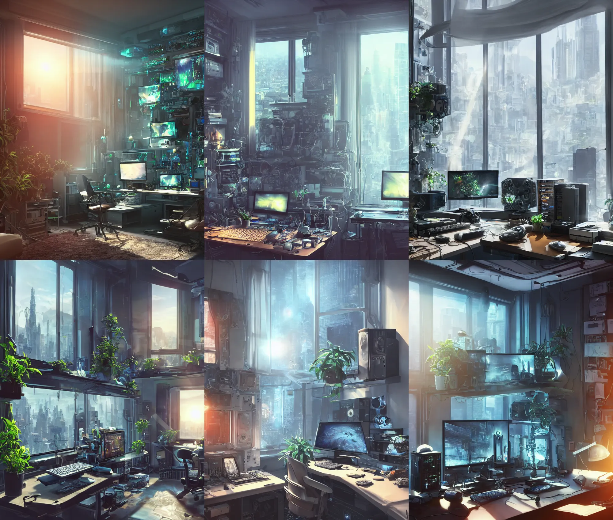 Prompt: detailed scifi artstation scene of a complex computer workstation in a small studio apartment room, a potted plant, many monitors, many electronics, a window view of the city, maximalism, volumetric light, sunny amber morning light, sun beam, atmospheric haze, unreal engine, hyperrealism, realistic shading, blender render, photorealistic, wide shot