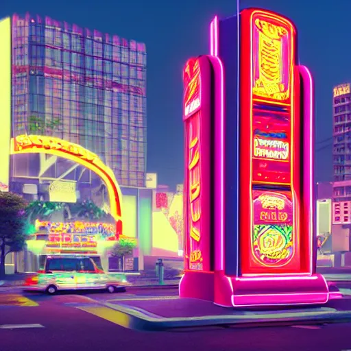 Prompt: giant neon pachinko machine by Hiroshi Nagai, octane render, volumetric lighting