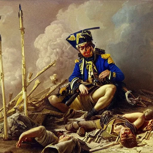 Image similar to Volodymyr Zelensky at war, dressed like Napoleon Bonaparte, sitting on the ground between dead corpses and weeping, holding a half burnt blue and yellow flag of Ukraine, in the style of Anne-Louis Girodet