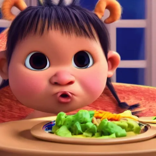 Prompt: baby savage inca eating with blond hairs, pixar style