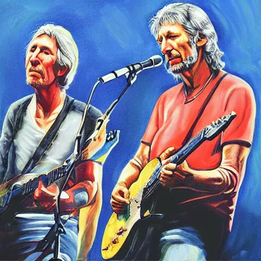 Image similar to “ Roger Waters and Eric Clapton kneeling before Mark Knopfler, oil painting, 4k”