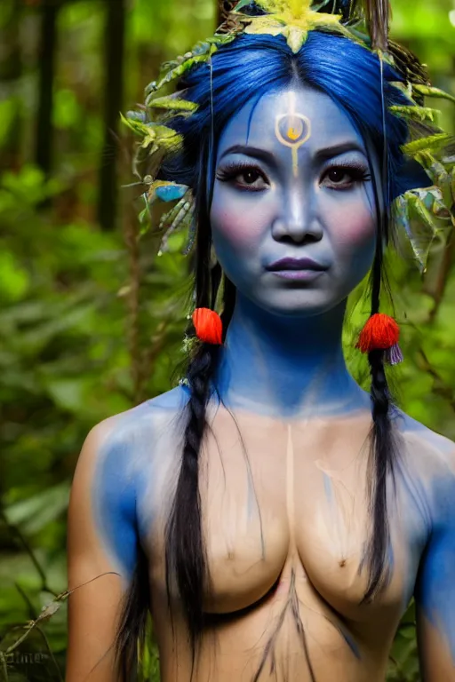 Image similar to a Vietnamese woman dressed as a blue-skinned female navi from avatar standing in a forest, blue body paint, high resolution film still, 8k, HDR colors, cosplay, outdoor lighting, high resolution photograph, photo by bruce weber, beautiful symmetric face