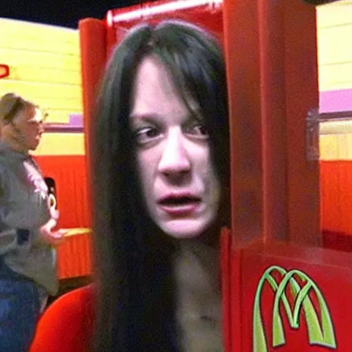 Image similar to Samara Morgan from the ring at McDonald's receiving a Mcrib. CCTV footage. High definition