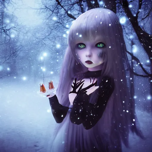 Image similar to portrait of beautiful darkness witch 3D anime girl, dark forest background, snowing, bokeh, inspired by Tim Burton, digital painting, unreal engine render, volumetric light, high détail