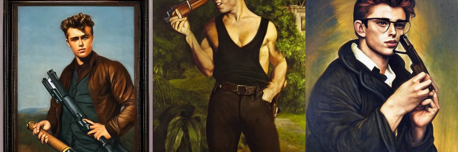 Prompt: Pre-Raphaelite portrait of James dean holding a large gattling gun, cheeky smile, very big muscles,cigar in his mouth