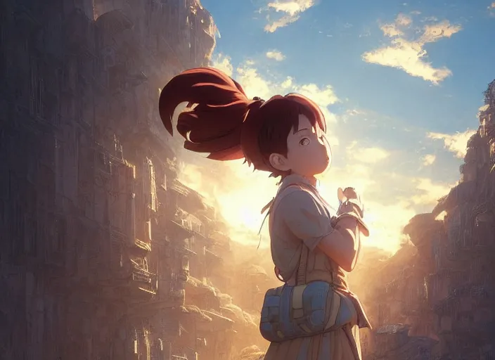 Image similar to a 3 d film animation still portrait of a 2 1 0 0's manga heroine, finely detailed features, sun light, painted by greg rutkowski, akira toriyama studio ghibli