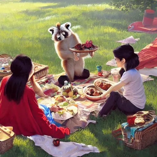 Prompt: greg manchess painting of a family of red panda characters having a picnic in the park, picnic blanket, food and drink, medium shot, asymmetrical, profile picture, organic painting, sunny day, matte painting, bold shapes, hard edges, street art, trending on artstation, by huang guangjian and gil elvgren and sachin teng