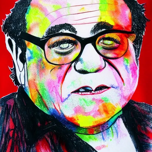 Image similar to a childrens drawing of danny devito, crayon art, watercolor, markers, high quality, high resolution