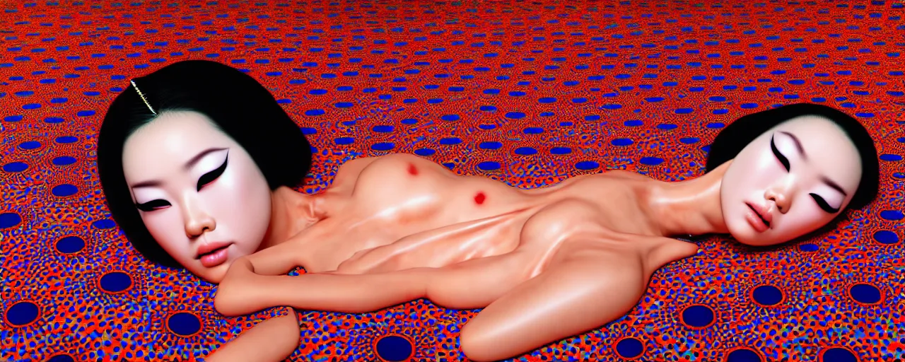 Image similar to realistic detailed image of a geisha laying down in a padded room, conjuring psychedelic background, part by yayoi kusama, part by alex gray, part by ross tran, part by james jean, ultra realistic, highly detailed, life like face, detailed body, 8 k, octane render, trending on artstation, very cohesive, masterpiece