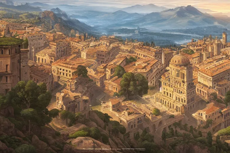 Image similar to an ultra detailed matte landscape painting of an italian renaissance capital city built on top of a large hill sweeping vista, italian renaissance architecture, ultrawide lense, aerial photography, 8 k, volumetric lighting, smooth, highly detailed, digital illustration, art by greg rutkowski and akira toriyama and artgerm