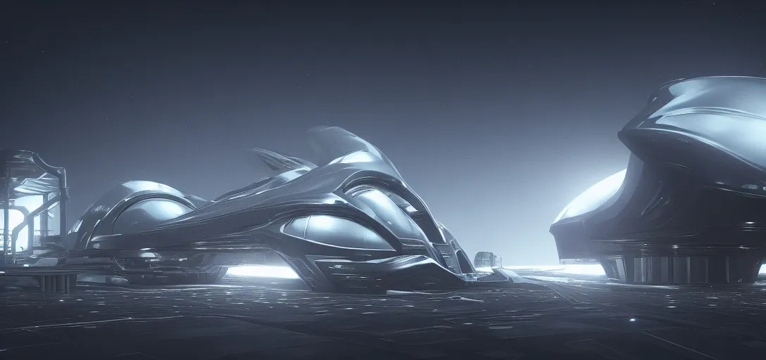 Prompt: dramatic render of exterior of dark futuristic spaceship at night, nebula, ambient occlusion, raytracing, unreal engine, detailed, 3 d artstation by h. r giger and neil blevins