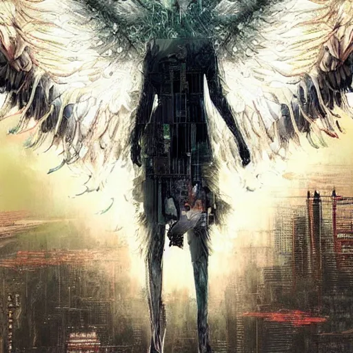 Image similar to a digital angel made of source code protects the gate to exit the simulation, matte painting by esao andrews and yoji shinkawa