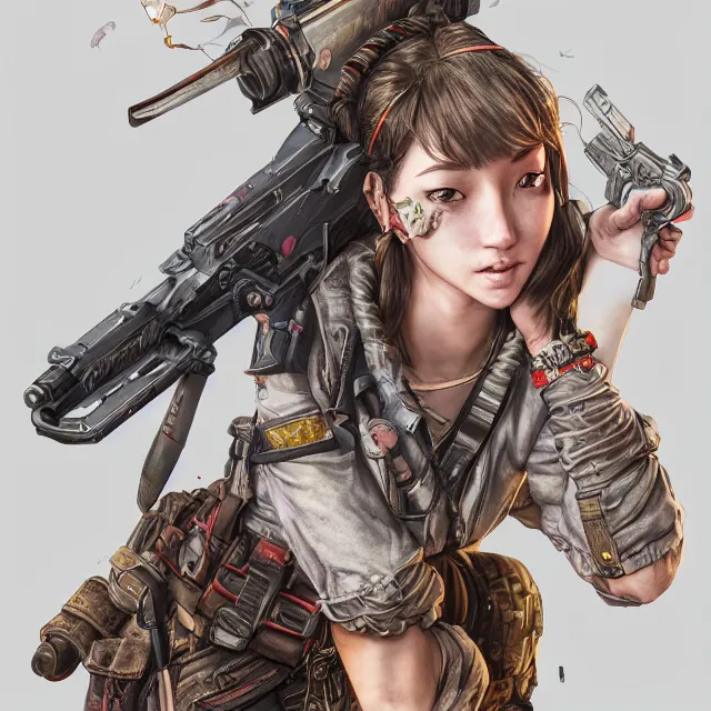 Image similar to the portrait of lawful neutral semi - colorful female infantry gunner as absurdly beautiful, gorgeous, elegant, young gravure idol, an ultrafine hyperdetailed illustration by kim jung gi, irakli nadar, intricate linework, bright colors, octopath traveler, final fantasy, unreal engine 5 highly rendered, global illumination, radiant light, detailed and intricate environment