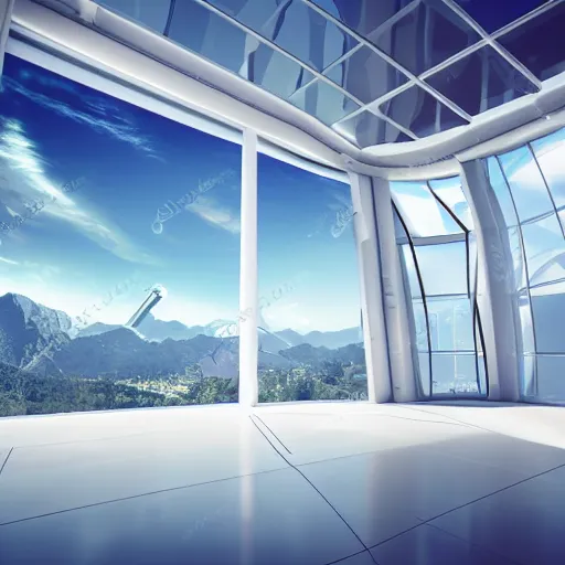 Image similar to Simplistic 3D Rendering of a Futuristic hall with tall windows overlooking a scifi city and mountains. a big planet in the sky, photorealistic, white and blue