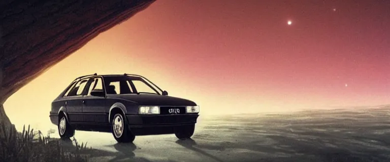 Image similar to Audi 80 B3 Avant (1988) floating in the void, a horror sci-fi, dramatic lighting, cinematic, off-world, space, zero gravity, eldritch horror creatures floating through space, lack of ground, dark, establishing shot, extremely high detail, photorealistic, cinematic lighting, artstation, by simon stalenhag