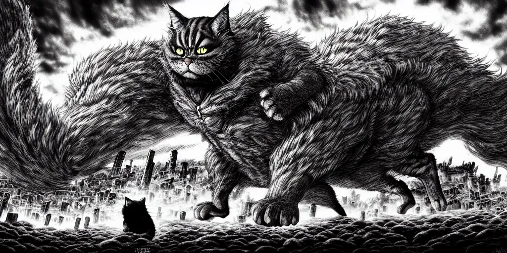 Prompt: Huge cat destroying a city, in the style of Kentaro Miura, Berserk, landscape, hyperdetailed, ultra quality, 4k, ultra details