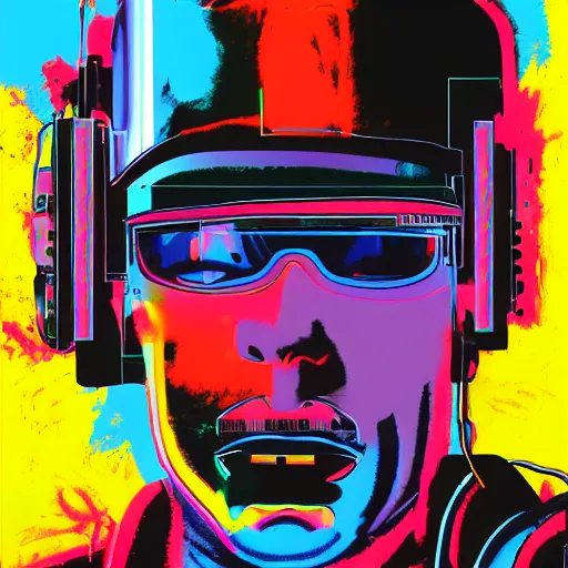 Image similar to illustration of cyberpunk terminator in vr helmet, colorful splatters, by andy warhol and by zac retz and by kezie demessance