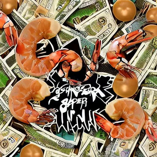 Image similar to gangster rapper shrimp, shrimp rap group, hyperrealism rap album art, rap pimping ballin