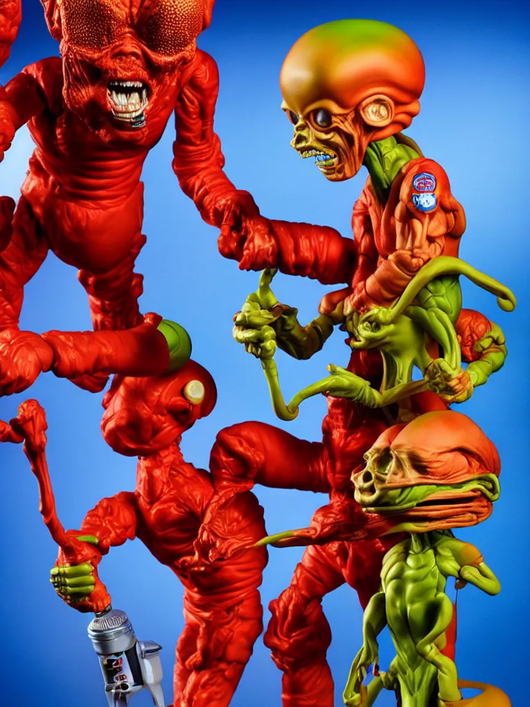 Prompt: hyperrealistic rendering, mars attacks martian by art of skinner and richard corben and jeff easley, product photography, action figure, sofubi, studio lighting, colored gels, rimlight, backlight