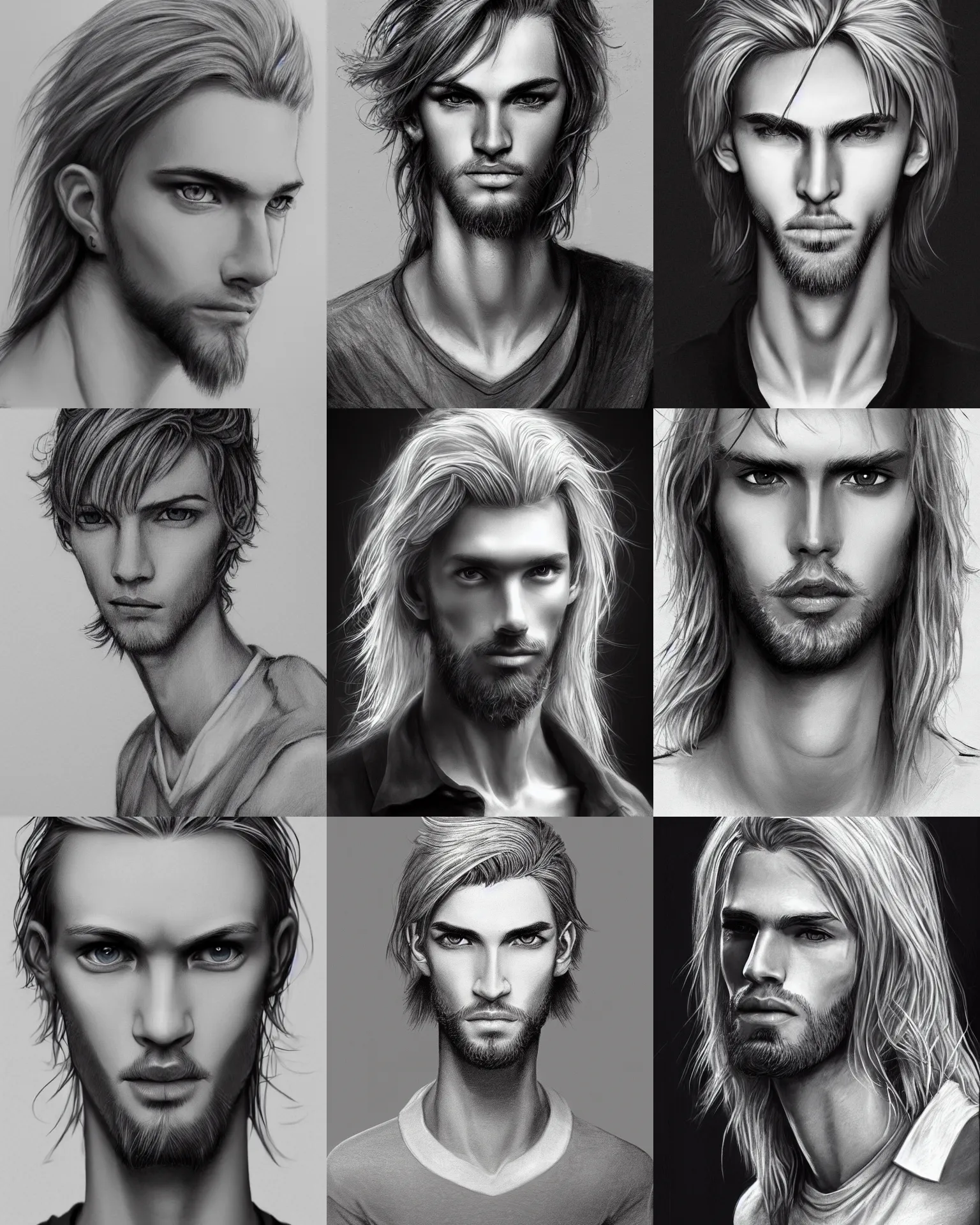 Prompt: black and white pencil portrait of a skinny european male, longer blond hair, light stubble beard, wearing a light shirt, blue eyes, rugged, teenage, fantasy, wizard, trending artstation, relaxed expression, dark lighting, high detail