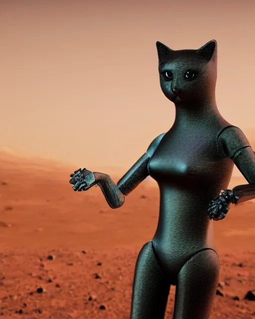 Prompt: high quality presentation noght photo of an illuminated cat-like female robot on mars, photography 4k, full body, f1.8 anamorphic, bokeh, 4k, Canon, Nikon