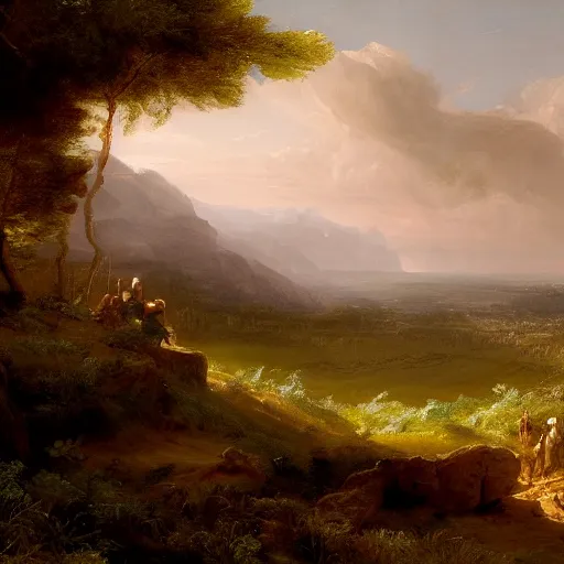 Prompt: her death wasn't graciuos or beautiful, but desolate and terryfing, landscape, battlefield after battle, wounded girl in the middle, highly detailed, artstation, by thomas cole