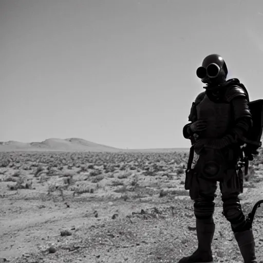 Image similar to a heavily armored man wearing a gasmask, in the desert, film still, panavision panaflex