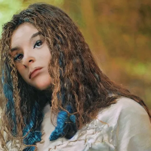 Image similar to portrait of a woman with darker skin with long blue hair and blue eyes, movie still, high definition, colored