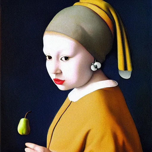 Image similar to girl with the pearl earing , earing is a fruit pear instead by johaness vermeer