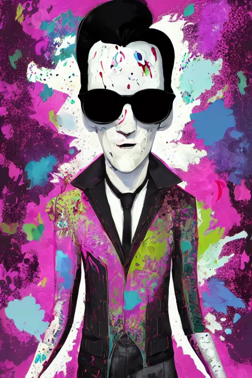 Image similar to wealthy male half necromancer, made of white gucci fabric, pixiv fanbox, dramatic lighting, maximalist pastel color palette, splatter paint, pixar and disney exploded - view drawing, graphic novel by fiona staples and dustin nguyen, peter elson, alan bean, wangechi mutu, clean cel shaded vector art, trending on artstation