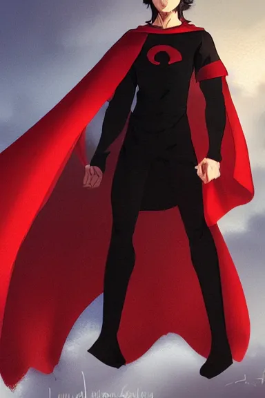 Image similar to little boy with cat ears in an black outfit with red cape. digital artwork made by lois van baarle and kentaro miura and marc simonetti, sharpness focus, inspired by hirohiko araki, anatomically correct, heroic composition, hero pose, smooth