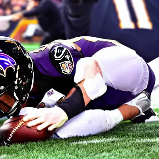 Prompt: edgar allen poe wearing a baltimore ravens jersey. tj watt laying on the ground. award winning photograph. sports photo.