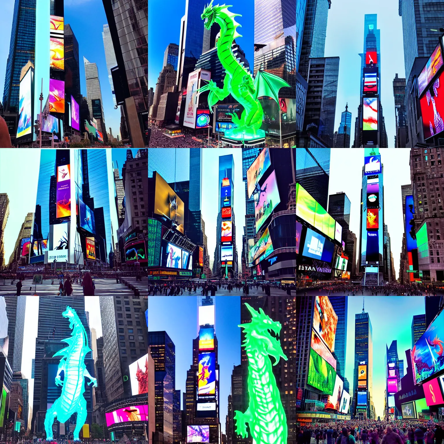 Prompt: “product photo of a 60 feet tall translucent glass dragon statute, made out of glass, in time Square, ultra realistic, artstation, society, UHD ”