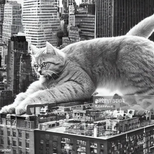 Image similar to newscaster reporting on the appearance of an enormous cat wrecking nyc, television screen, high resolution