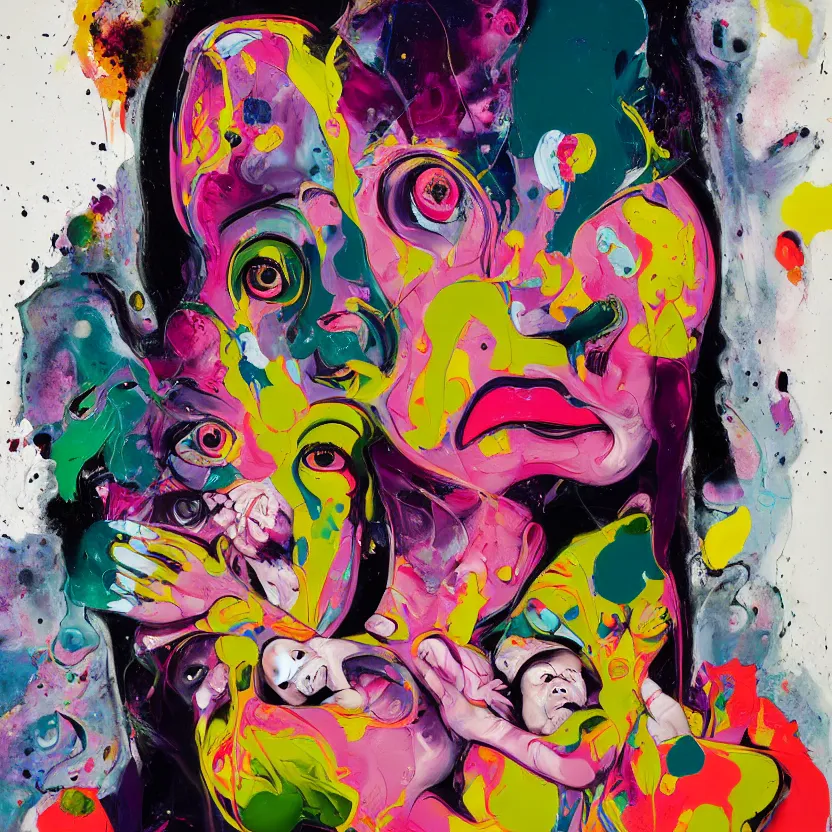 Image similar to woman holding a baby, an ultrafine detailed painting by peter max and francis bacon and fiona rae and maryam hashemi and hernan bas and anna mond and max gubler, featured on deviantart, metaphysical painting, neo expressionism, pop surrealism, melting paint, biomorphic, mixed media, photorealistic, dripping paint, palette knife texture, masterpiece