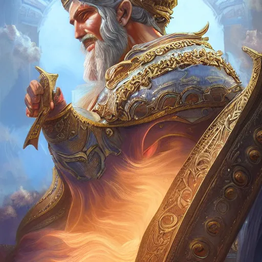 Prompt: Character concept art, Digital Paint, Zeus, God, Character Design, Digital Art, Gold Light, Blue Mist, 8K, insanely detailed and intricate, ornate, hyper realistic, super detailed, Cloudy background, Trending on Artstation, ethereal beings