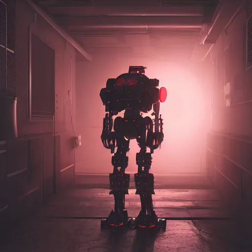 Prompt: a war robot who's sole purpose is to destroy humanity. red glowing eye, trending on art station, fine detail, sci - fi, high detail, hyper realism, dark hallway, unreal engine, 3 d render