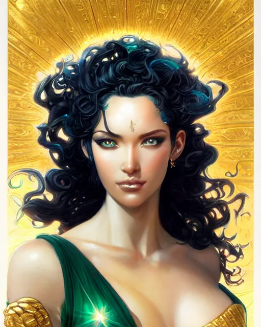 Image similar to portrait of a beautiful goddess with curly black hair and green eyes, crystalline gemstones and golden luxe, radiant halo of light, gilding, jesper ejsing, artgerm, photorealism, artstation