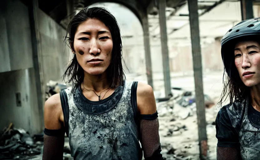 Image similar to cinestill 5 0 d candid photographic portrait by helen levitt of dichen lachman wearing rugged black mesh techwear on a dirtbike through an abandoned mall, extreme closeup, modern cyberpunk moody emotional cinematic, snow storm, 8 k, hd, high resolution, 3 5 mm, f / 3 2, ultra realistic faces, ex machina