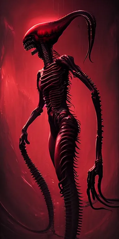 Prompt: Xenomorph alien goddess, red liquid dripping from above, 8k details, high details, sinister vibe, dark room, many wires attached to her, rib cage exposed, bodies in the back, menacing look, octane render, hyper realistic by h.r. giger and peter mohrbacher