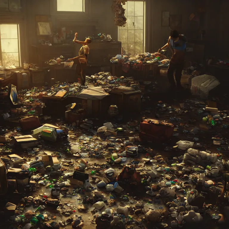 Image similar to a cinematic shot of a hoarder in a room filled with garbage, octane render, volumetric lighting, nvidia raytracing demo, by Andy Thomas, Mario Martinez, Daniel Mirante, Gustave Dore, Artstation, CGsociety, masterpiece