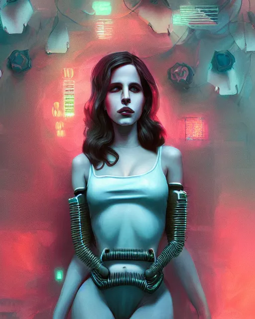 Image similar to portrait of lana del rey as a cyberpunk cyborg. roses, sci - fi, missing panels, intricate abstract, upper body, intricate artwork, by tooth wu, wlop, beeple, dan mumford. concept art, 8 k octane render, deviantart, greg rutkowski, cinematic, key art, hyperrealism, iridescent accents