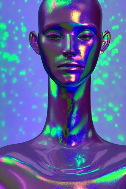 Image similar to 3d render of holographic human robotic bust made of glossy iridescent, bust, surrealistic 3d illustration of a human non-binary, non binary model, 3d model human, cryengine, made of holographic texture, holographic material, holographic rainbow, concept of cyborg and artificial intelligence