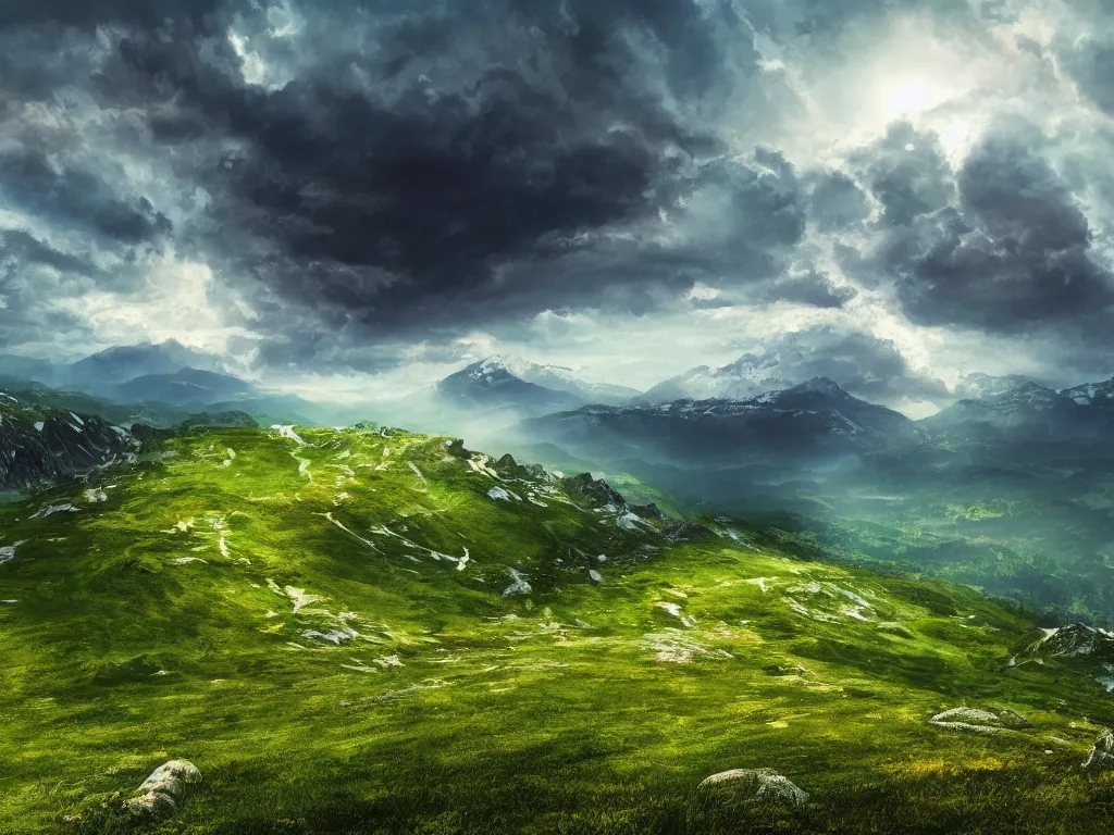 Prompt: realistic view from a mountaintop, high mountains, green meadow, alps, pyranees, digital painting, 4 k, wallpaper, realistic lightning