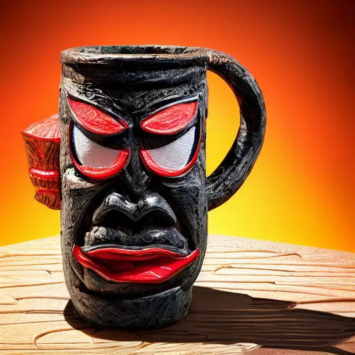 Prompt: a closeup photorealistic photograph of a spider man style tiki mug on a trader vic's bar featuring the face of spider man. tiki theme. bright scene. fine detail. this 4 k hd image is trending on artstation, featured on behance, well - rendered, extra crisp, features intricate detail, epic composition and the style of unreal engine.