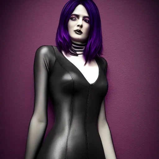 Prompt: comforting portrait of a pale curvy goth woman with elegant multilayered black-purple-grey tight leather high-neck striped dress, photorealistic, sublime, 16k, smooth, sharp focus, cgsociety, trending on ArtStation, volumetric lighting