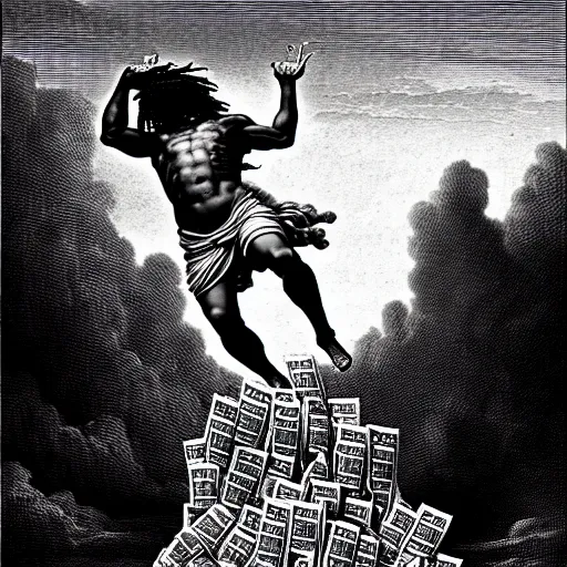 Image similar to cheef keef ascending into heaven holding stacks of cash, biblical image, style of gustave dore, highly detailed, beautiful, high contrast, black and white