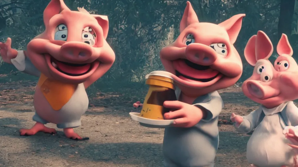 Image similar to found footage of Porky Pig eating glue, hyperrealistic, Cryengine 8k UHD